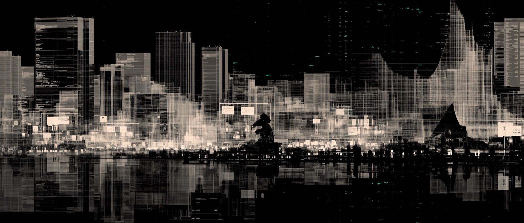 A synthetic wireframe city environment