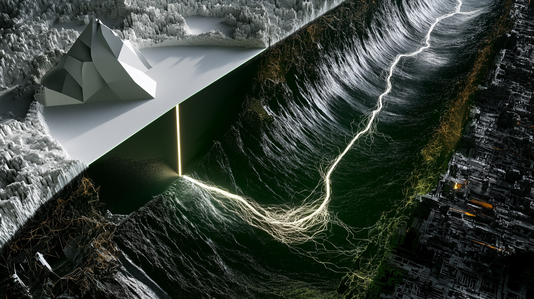 A pristine synthetic environment split by a luminous trajectory