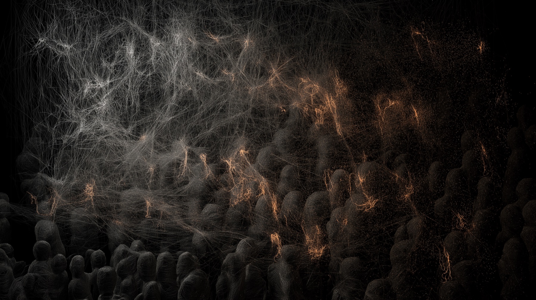Interconnected agent pathways rendered as fine luminous threads