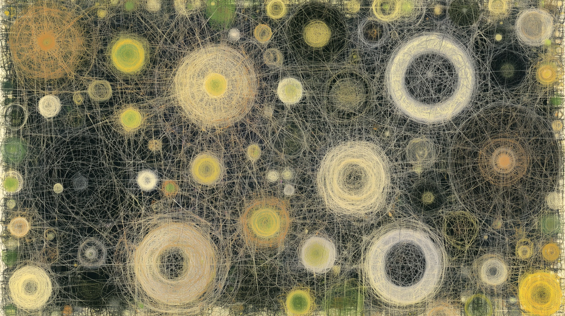 Many interacting procedural systems rendered as luminous loops